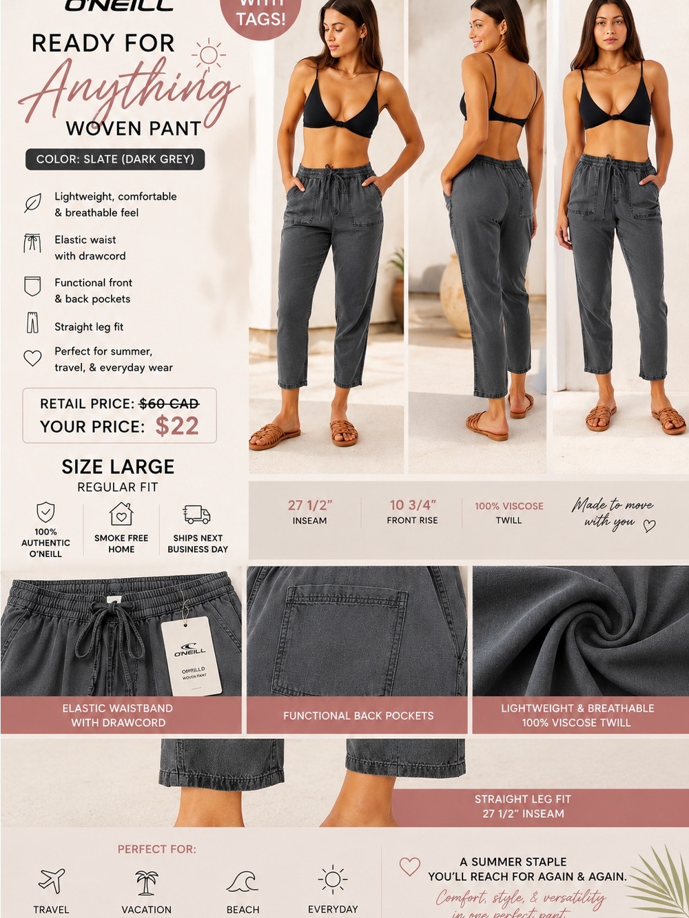 NWT O’Neill Francina Pant Slate Grey | L | Lightweight Summer
